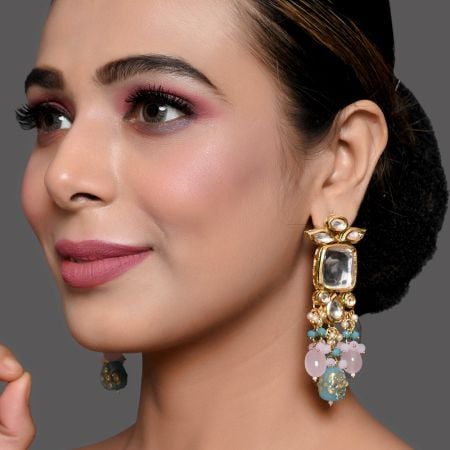 Mirror Stone Drop Earrings with Pearl and Pastel Bead Tassels